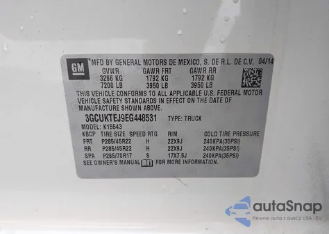 2014 Chevrolet Silverado 1500 High Country z USA, uszkodzony, nr VIN 3GCUKTEJ9EG448531